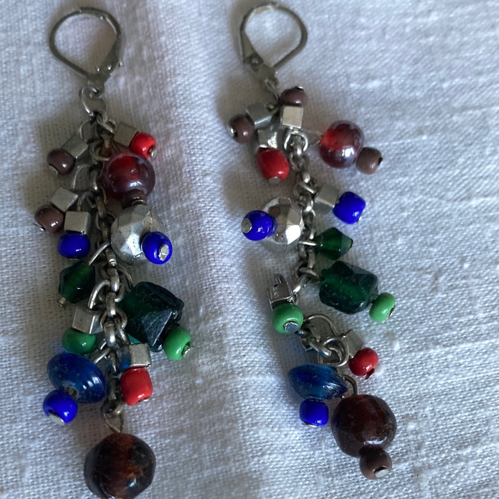 Pr st 3” x 1” appx multicolored glass beads on earrings dangle beautifully!  $20